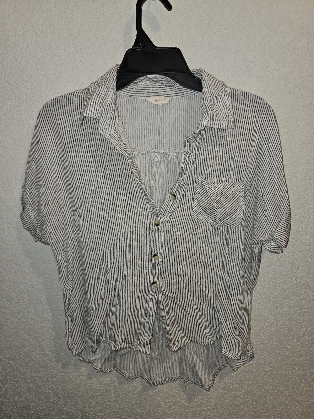 Sim & Sam Striped Short Sleeve Button Up Top White Black Large